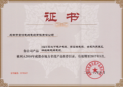 金頂電纜被列入2016年成都市地方名優(yōu)產(chǎn)品推薦目錄